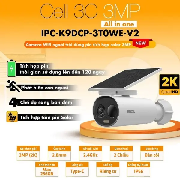 Camera pin tích hợp solar tấn pin mặt trời Cell 3C IMOU IPC-K9DCP-3T0WE 2K 3MP tích hợp mic, còi báo, đàm thoại 2 chiều